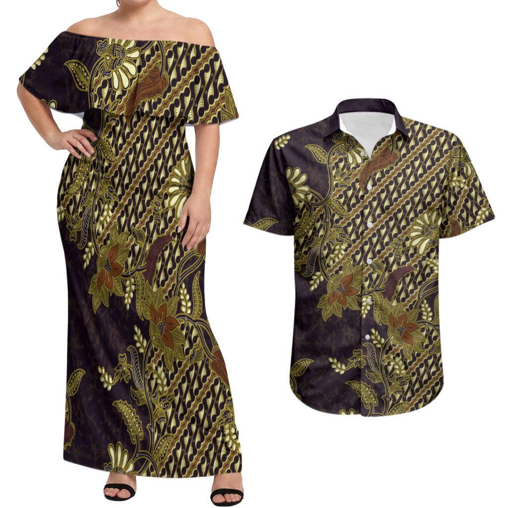 Indonesian Parang Batik Couples Matching Off Shoulder Maxi Dress and Hawaiian Shirt Yellow Floral Pattern