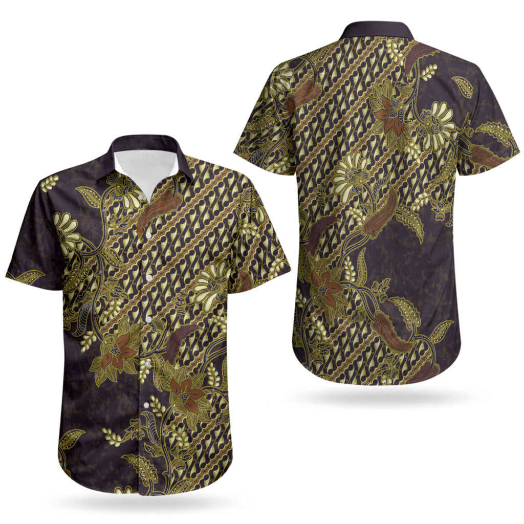 Indonesian Parang Batik Couples Matching Off Shoulder Maxi Dress and Hawaiian Shirt Yellow Floral Pattern