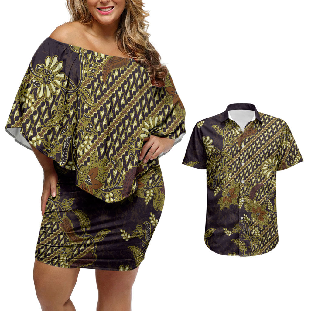 Indonesian Parang Batik Couples Matching Off Shoulder Short Dress and Hawaiian Shirt Yellow Floral Pattern