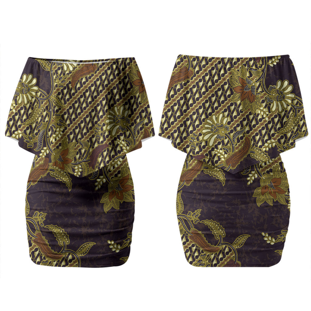 Indonesian Parang Batik Couples Matching Off Shoulder Short Dress and Hawaiian Shirt Yellow Floral Pattern