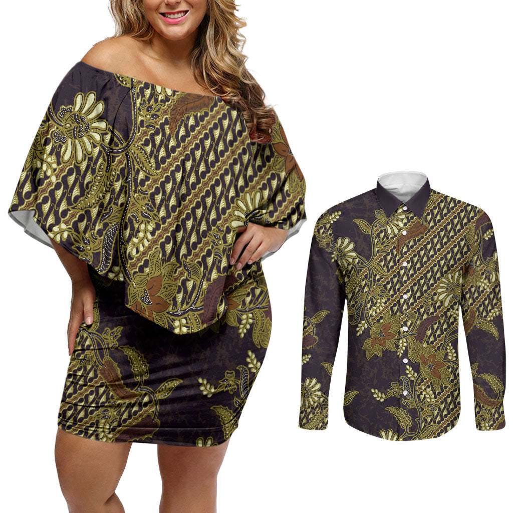 Indonesian Parang Batik Couples Matching Off Shoulder Short Dress and Long Sleeve Button Shirt Yellow Floral Pattern