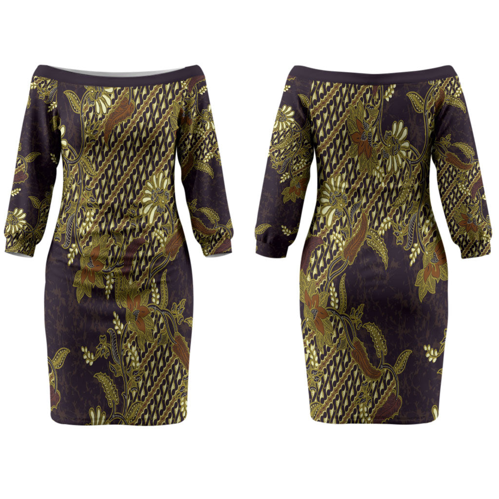 Indonesian Parang Batik Couples Matching Off The Shoulder Long Sleeve Dress and Long Sleeve Button Shirt Yellow Floral Pattern