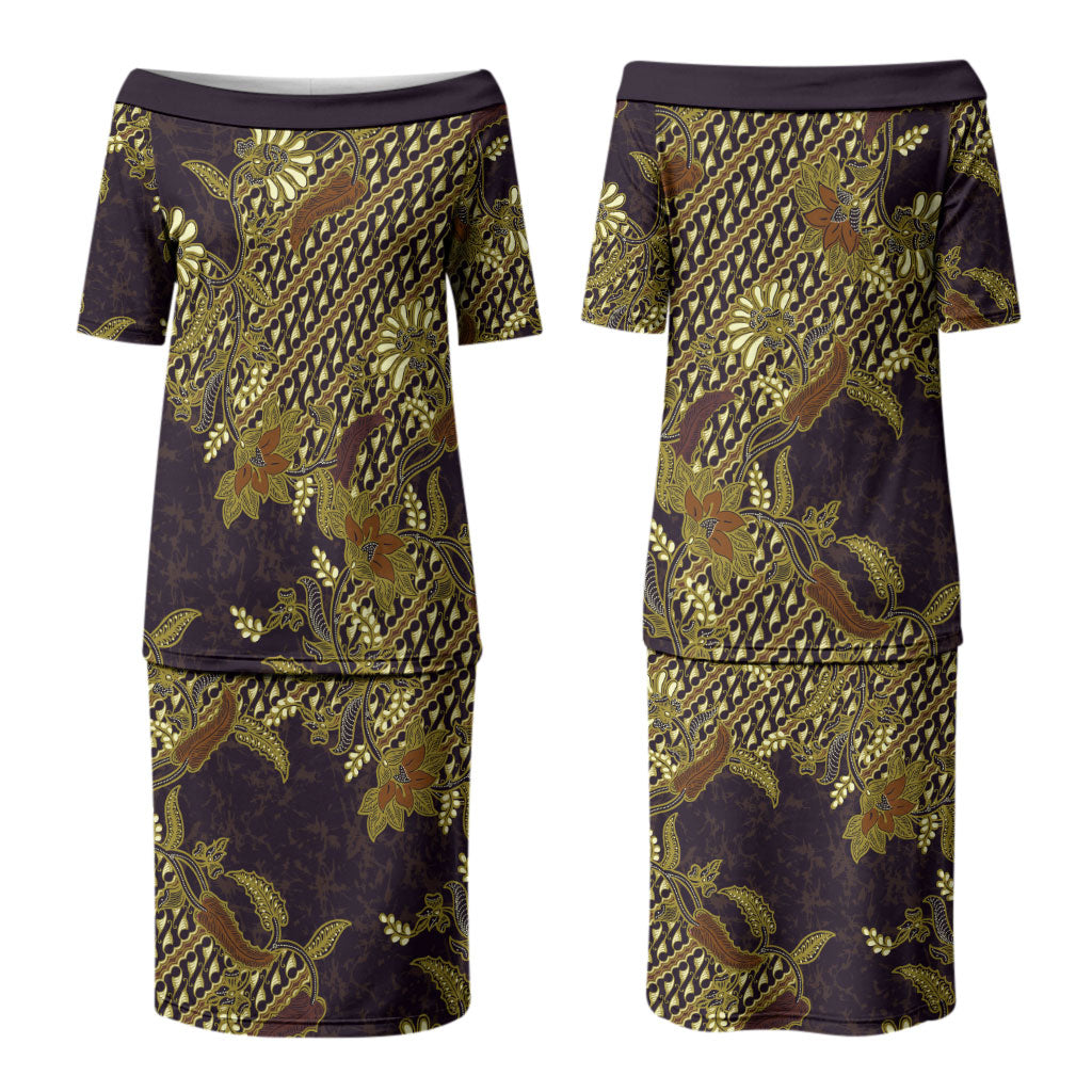 Indonesian Parang Batik Couples Matching Puletasi and Long Sleeve Button Shirt Yellow Floral Pattern