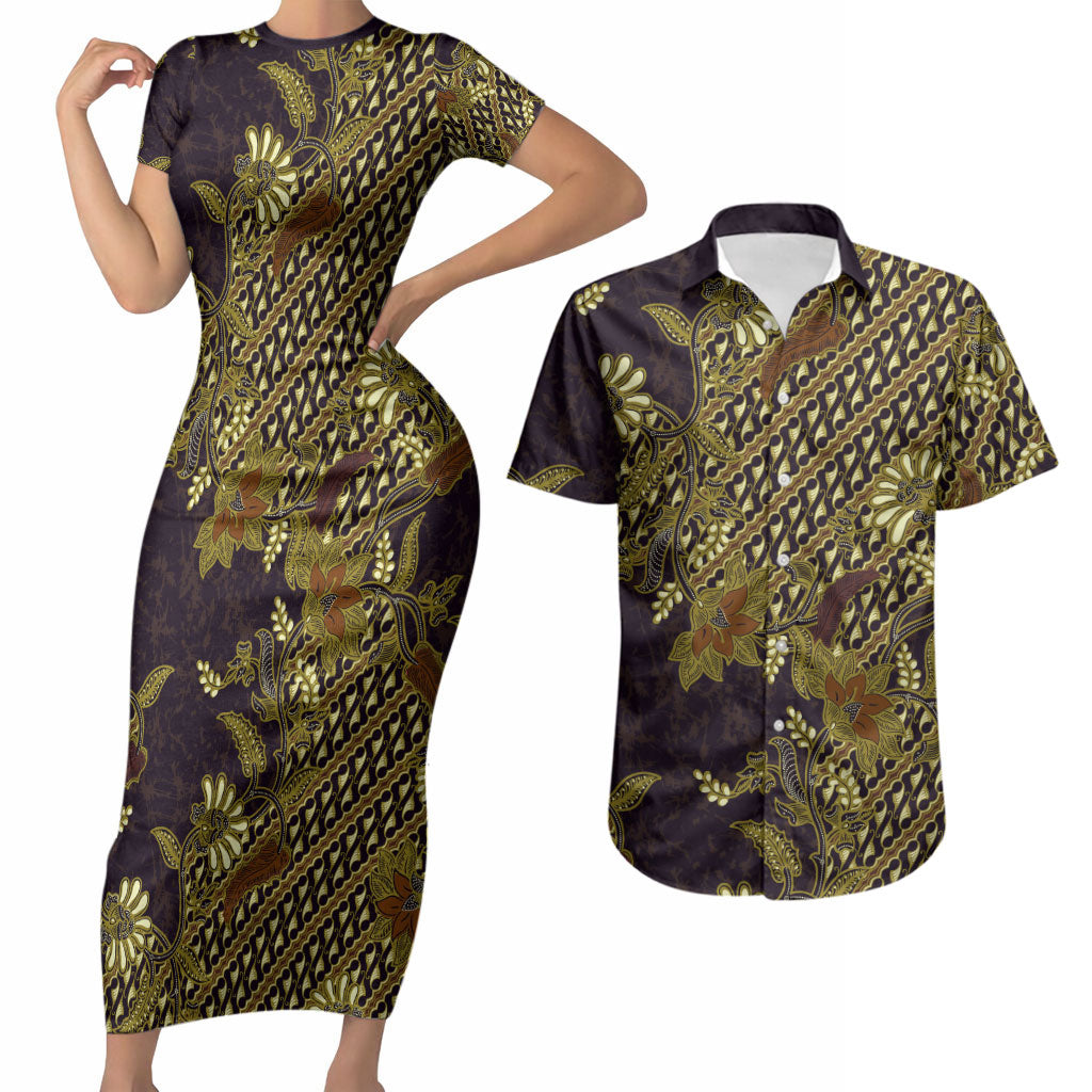 Indonesian Parang Batik Couples Matching Short Sleeve Bodycon Dress and Hawaiian Shirt Yellow Floral Pattern