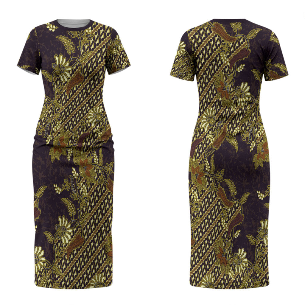 Indonesian Parang Batik Couples Matching Short Sleeve Bodycon Dress and Hawaiian Shirt Yellow Floral Pattern