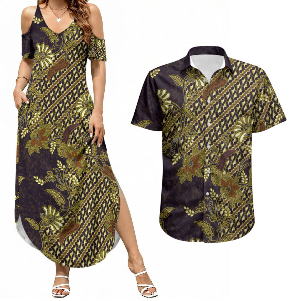Indonesian Parang Batik Couples Matching Summer Maxi Dress and Hawaiian Shirt Yellow Floral Pattern