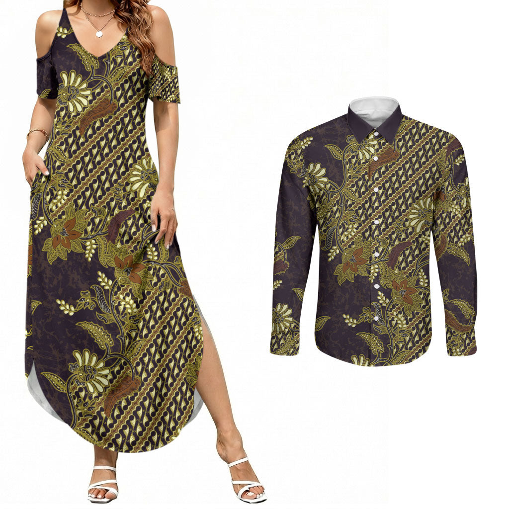 Indonesian Parang Batik Couples Matching Summer Maxi Dress and Long Sleeve Button Shirt Yellow Floral Pattern