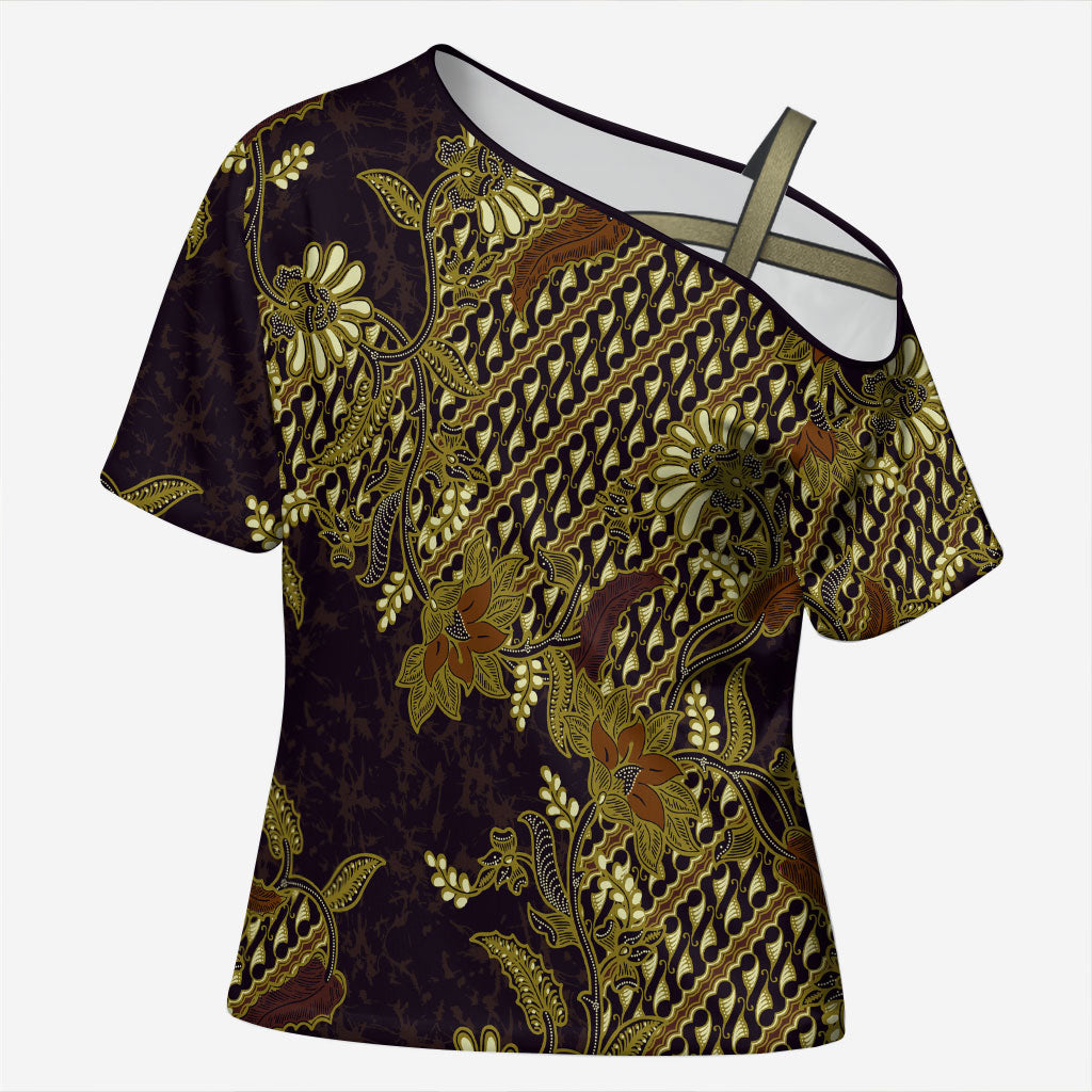 Indonesian Parang Batik Cross Shoulder Shirt Yellow Floral Pattern