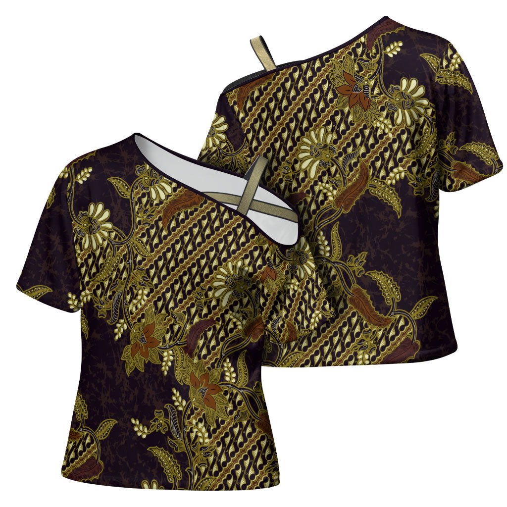 Indonesian Parang Batik Cross Shoulder Shirt Yellow Floral Pattern