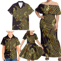 Indonesian Parang Batik Family Matching Off Shoulder Maxi Dress and Hawaiian Shirt Yellow Floral Pattern