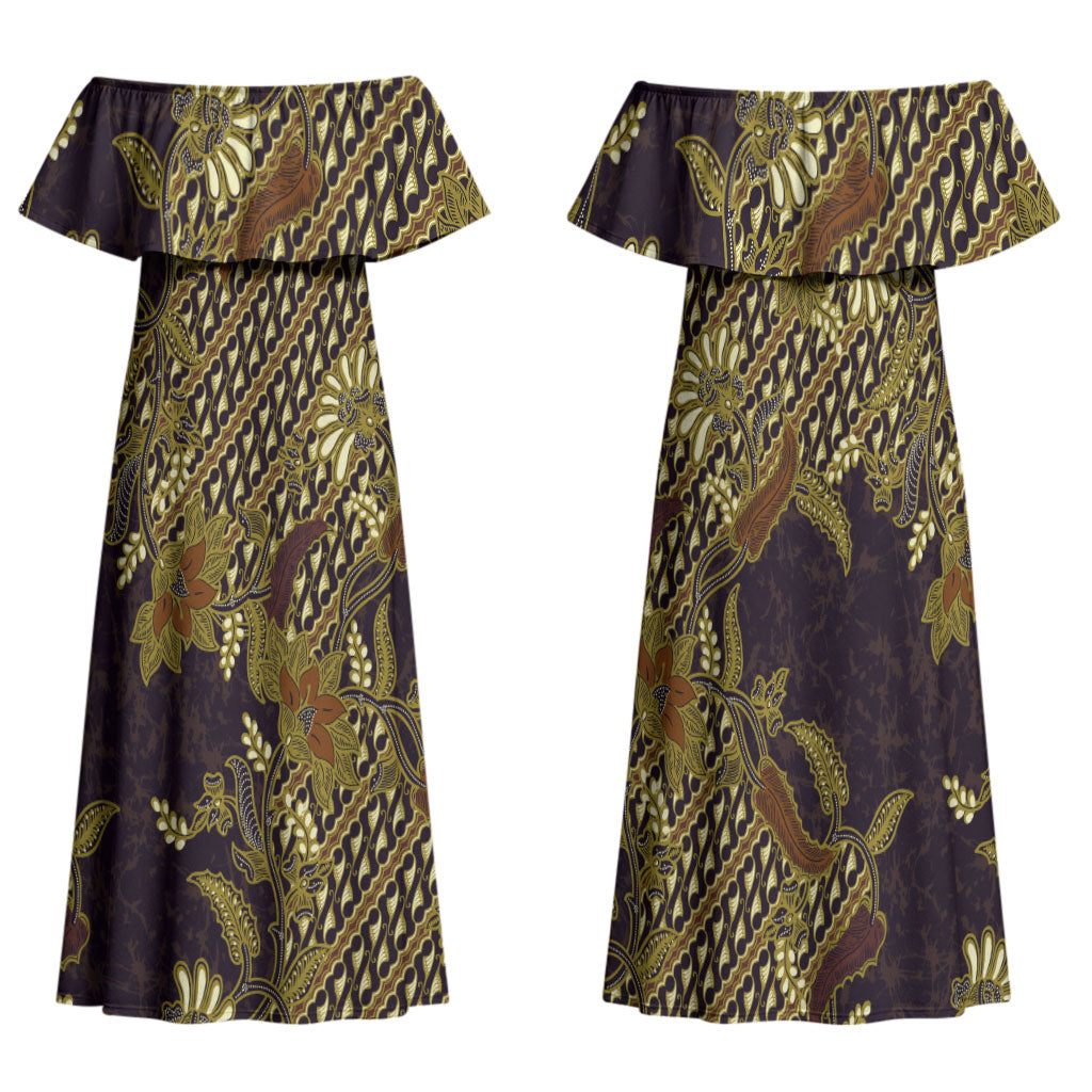Indonesian Parang Batik Family Matching Off Shoulder Maxi Dress and Hawaiian Shirt Yellow Floral Pattern