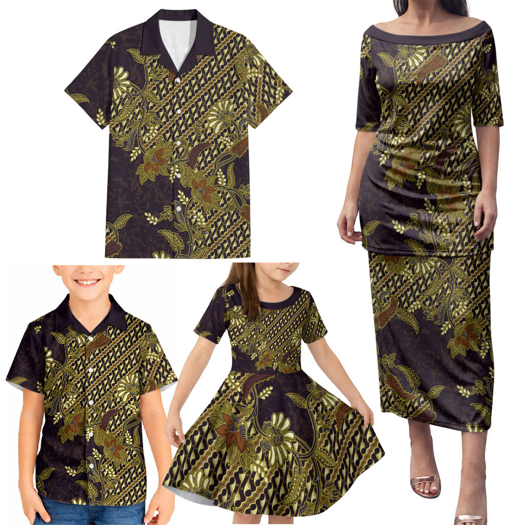Indonesian Parang Batik Family Matching Puletasi and Hawaiian Shirt Yellow Floral Pattern