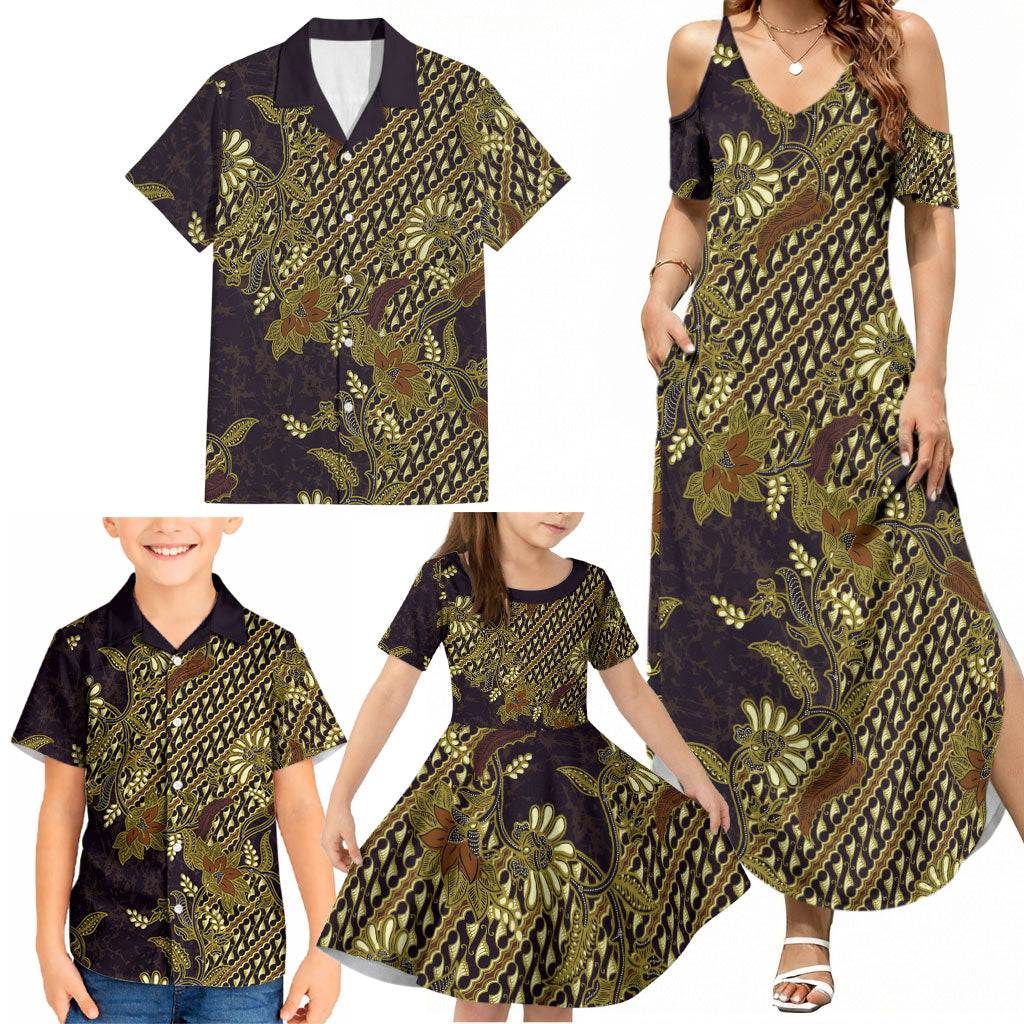 Indonesian Parang Batik Family Matching Summer Maxi Dress and Hawaiian Shirt Yellow Floral Pattern