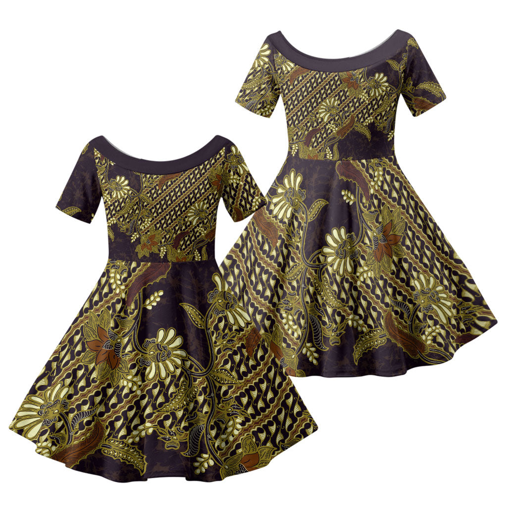 Indonesian Parang Batik Family Matching Summer Maxi Dress and Hawaiian Shirt Yellow Floral Pattern