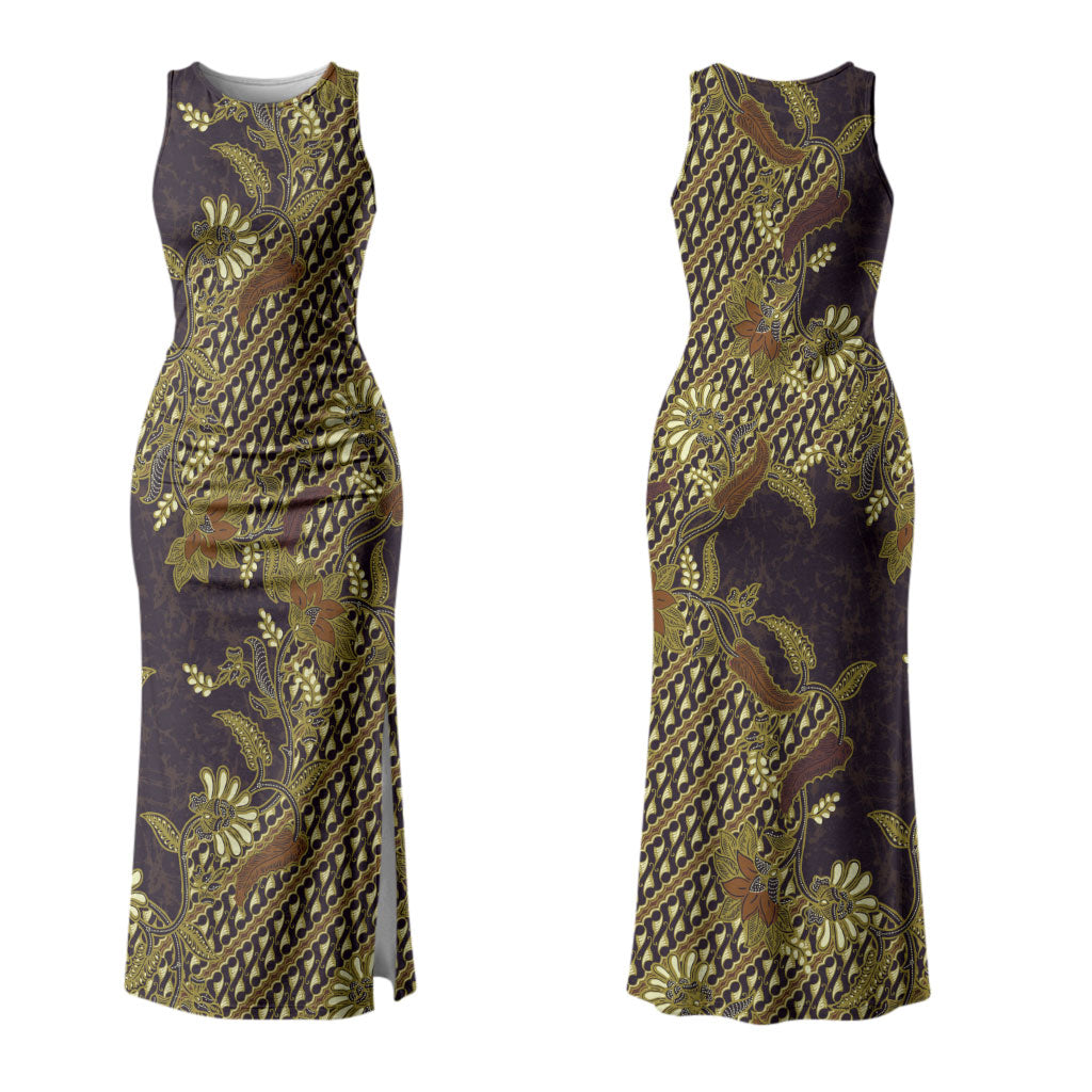 Indonesian Parang Batik Family Matching Tank Maxi Dress and Hawaiian Shirt Yellow Floral Pattern