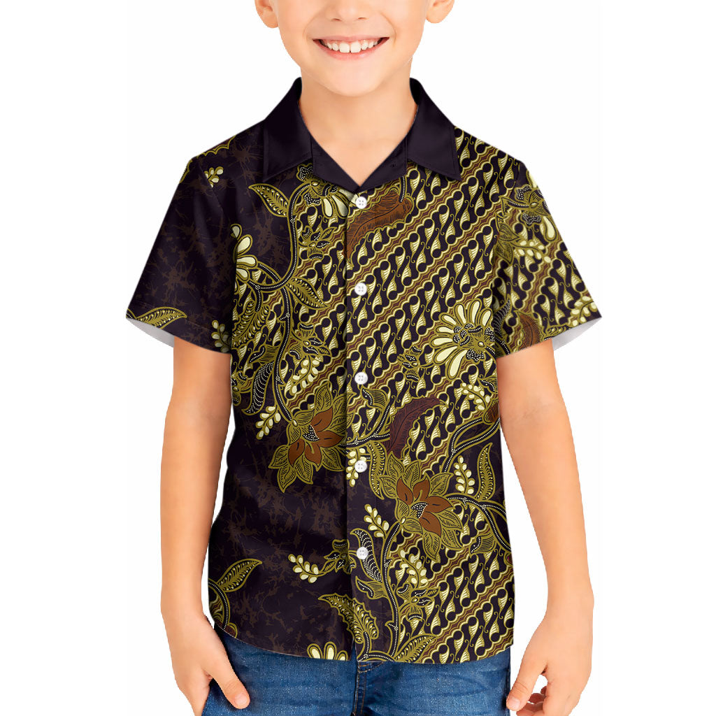 Indonesian Parang Batik Kid Hawaiian Shirt Yellow Floral Pattern