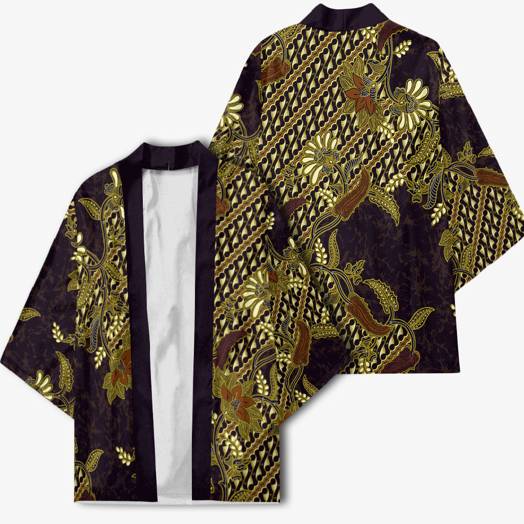 Indonesian Parang Batik Kimono Yellow Floral Pattern