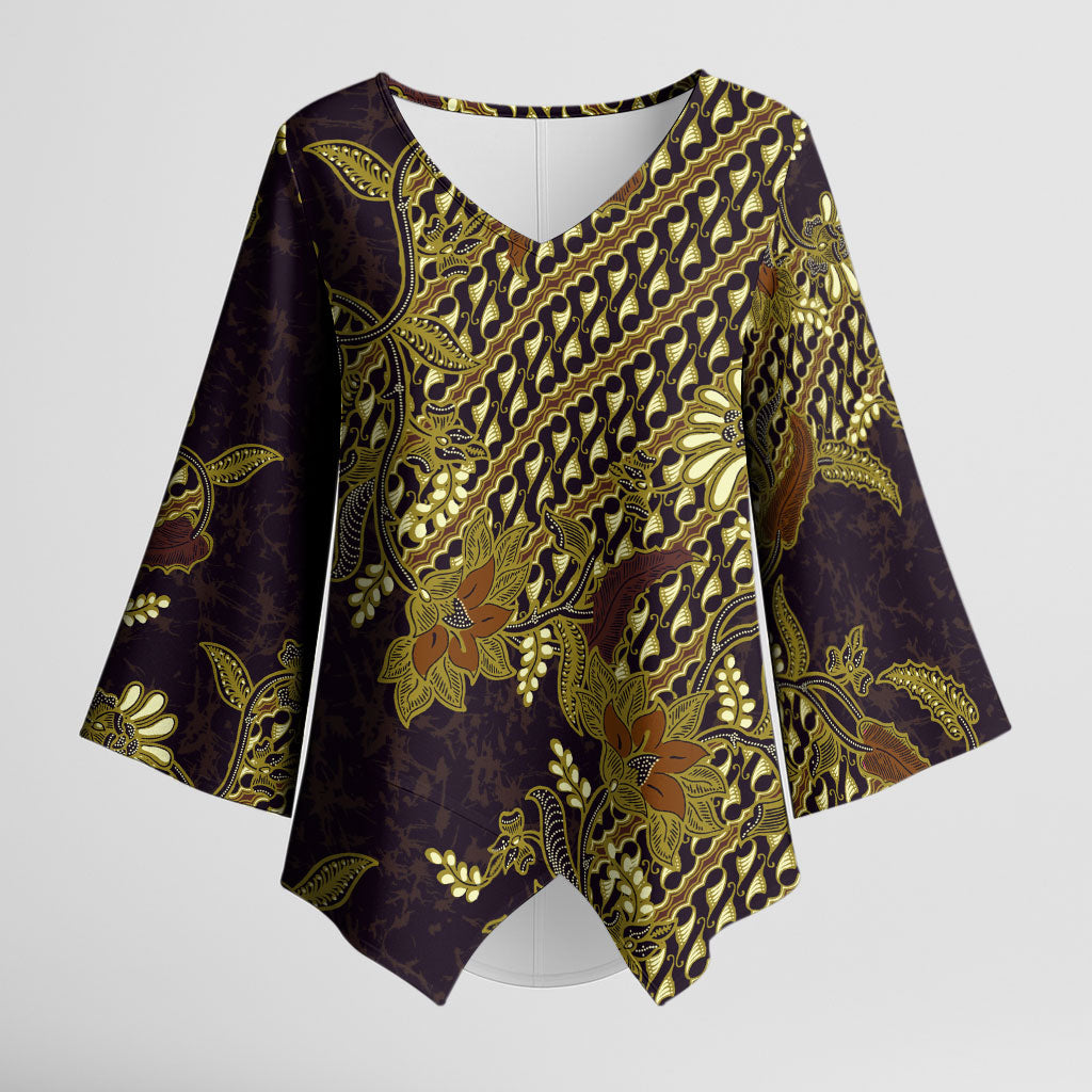 Indonesian Parang Batik Kimono Sleeve Blouse Yellow Floral Pattern