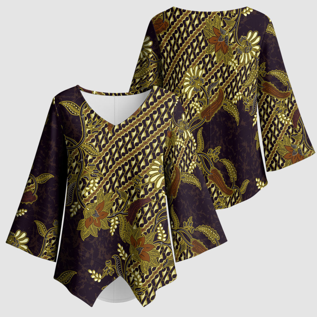 Indonesian Parang Batik Kimono Sleeve Blouse Yellow Floral Pattern