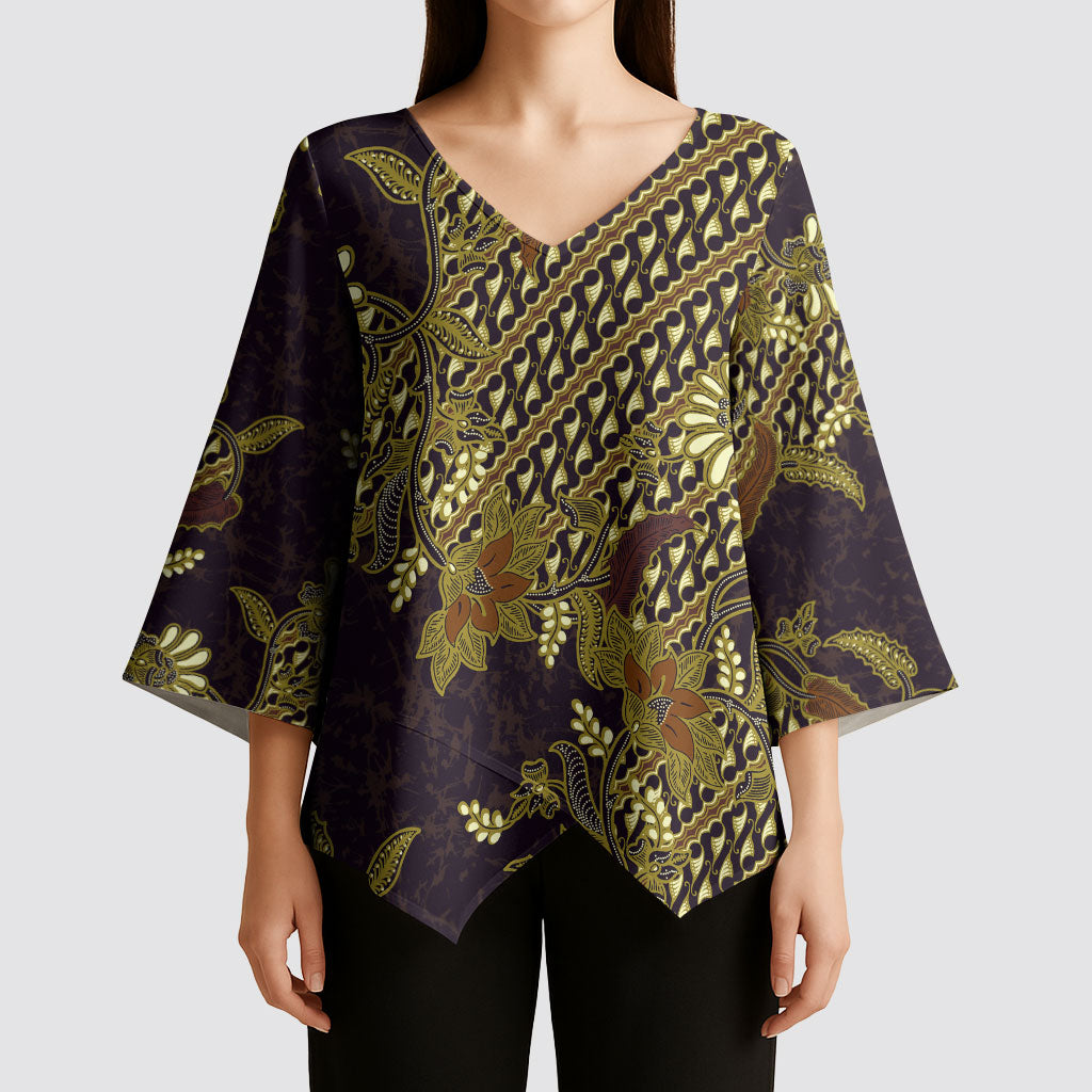 Indonesian Parang Batik Kimono Sleeve Blouse Yellow Floral Pattern