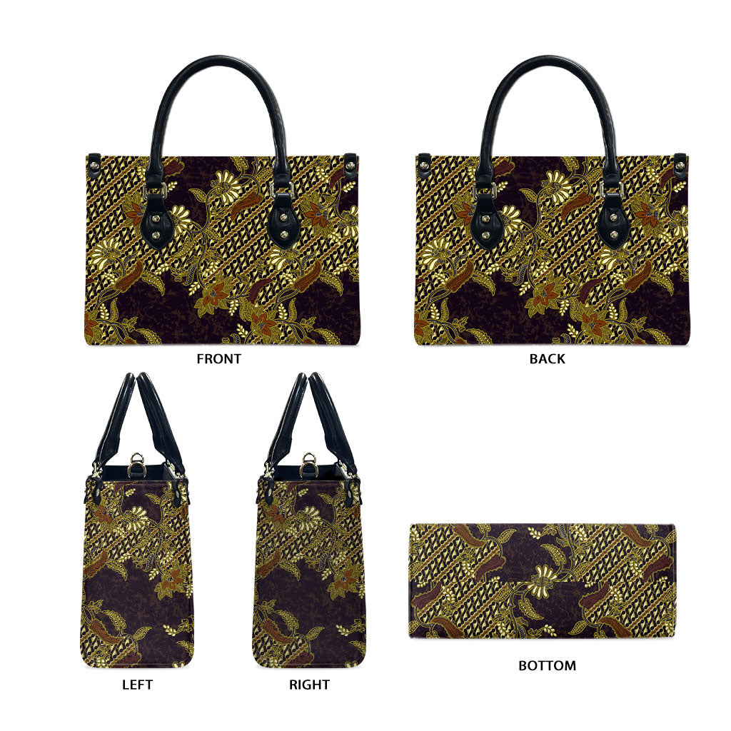 Indonesian Parang Batik Leather Bag Yellow Floral Pattern