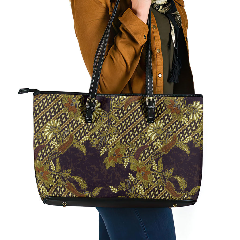 Indonesian Parang Batik Leather Tote Bag Yellow Floral Pattern