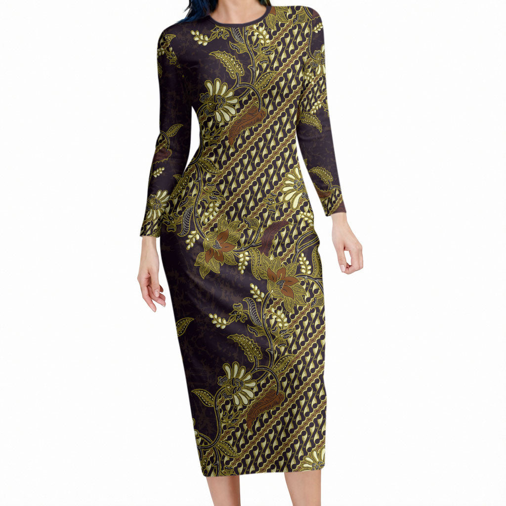 Indonesian Parang Batik Long Sleeve Bodycon Dress Yellow Floral Pattern