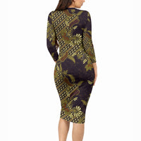 Indonesian Parang Batik Long Sleeve Bodycon Dress Yellow Floral Pattern