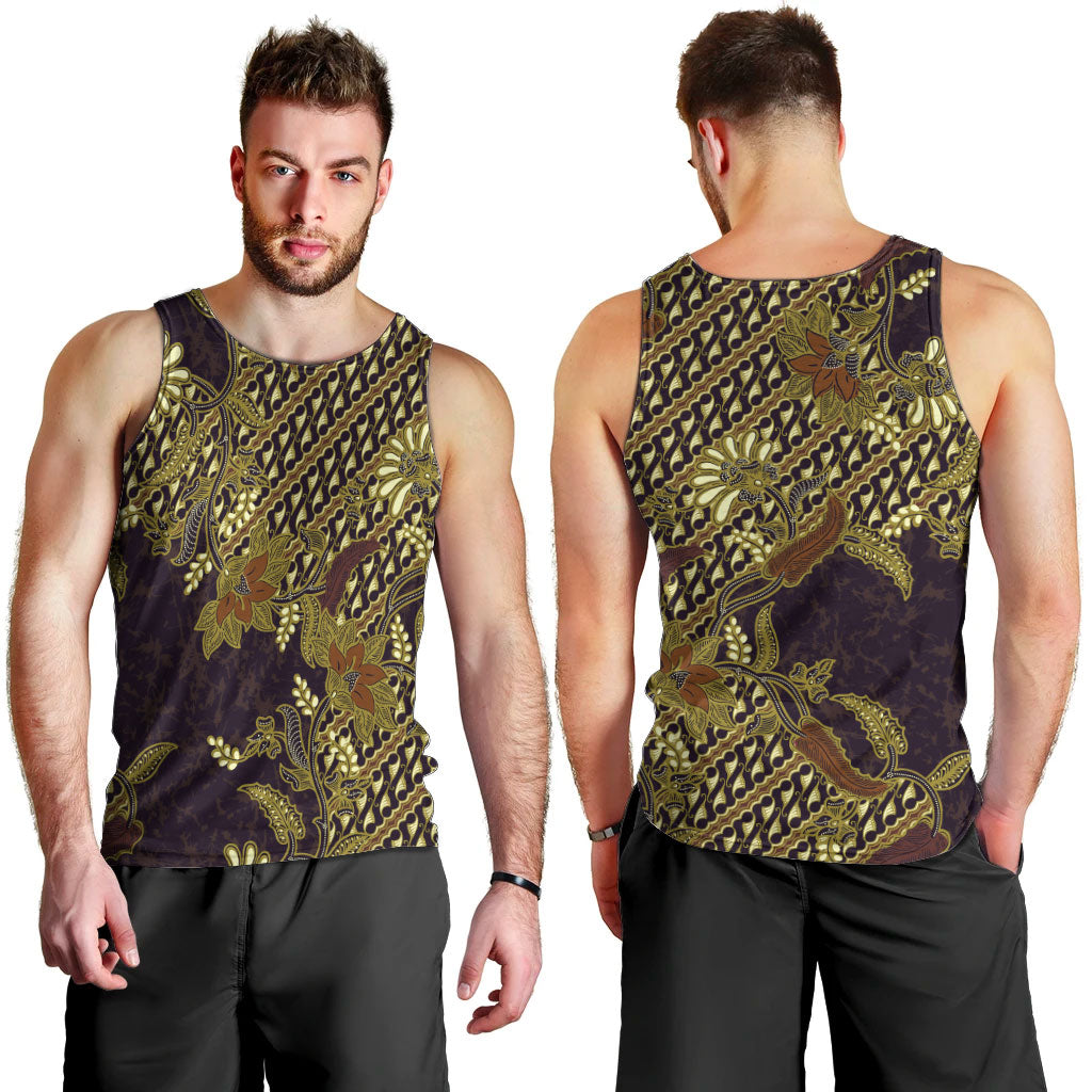 Indonesian Parang Batik Men Tank Top Yellow Floral Pattern
