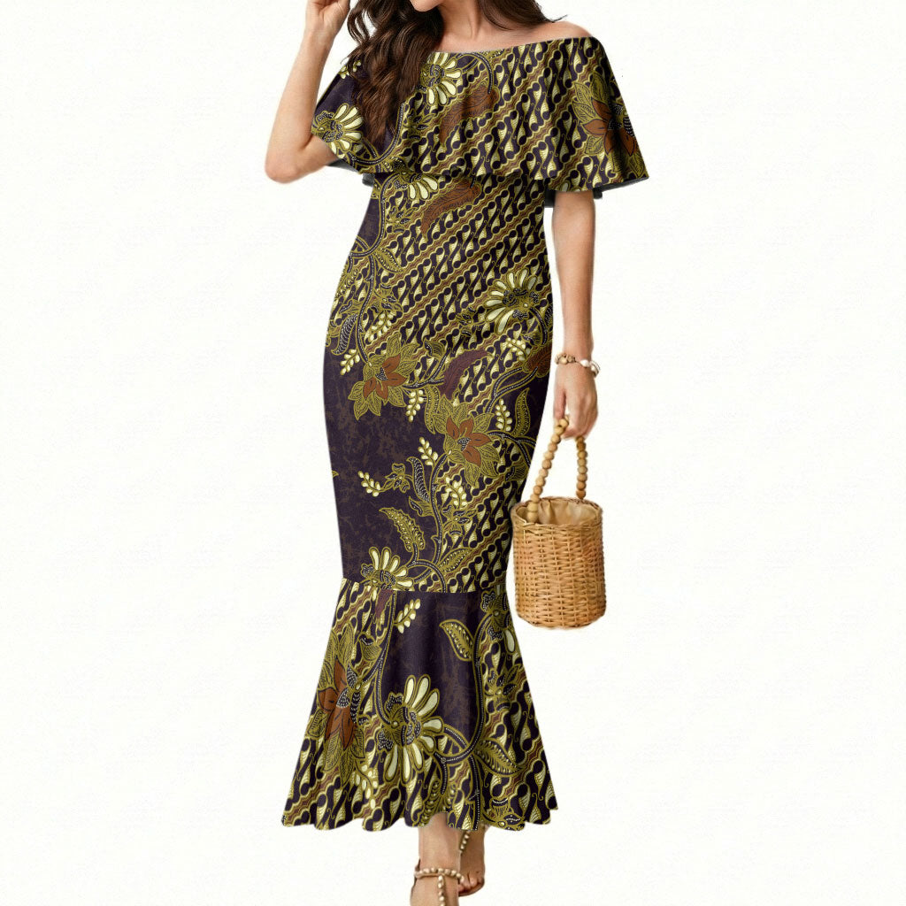Indonesian Parang Batik Mermaid Dress Yellow Floral Pattern