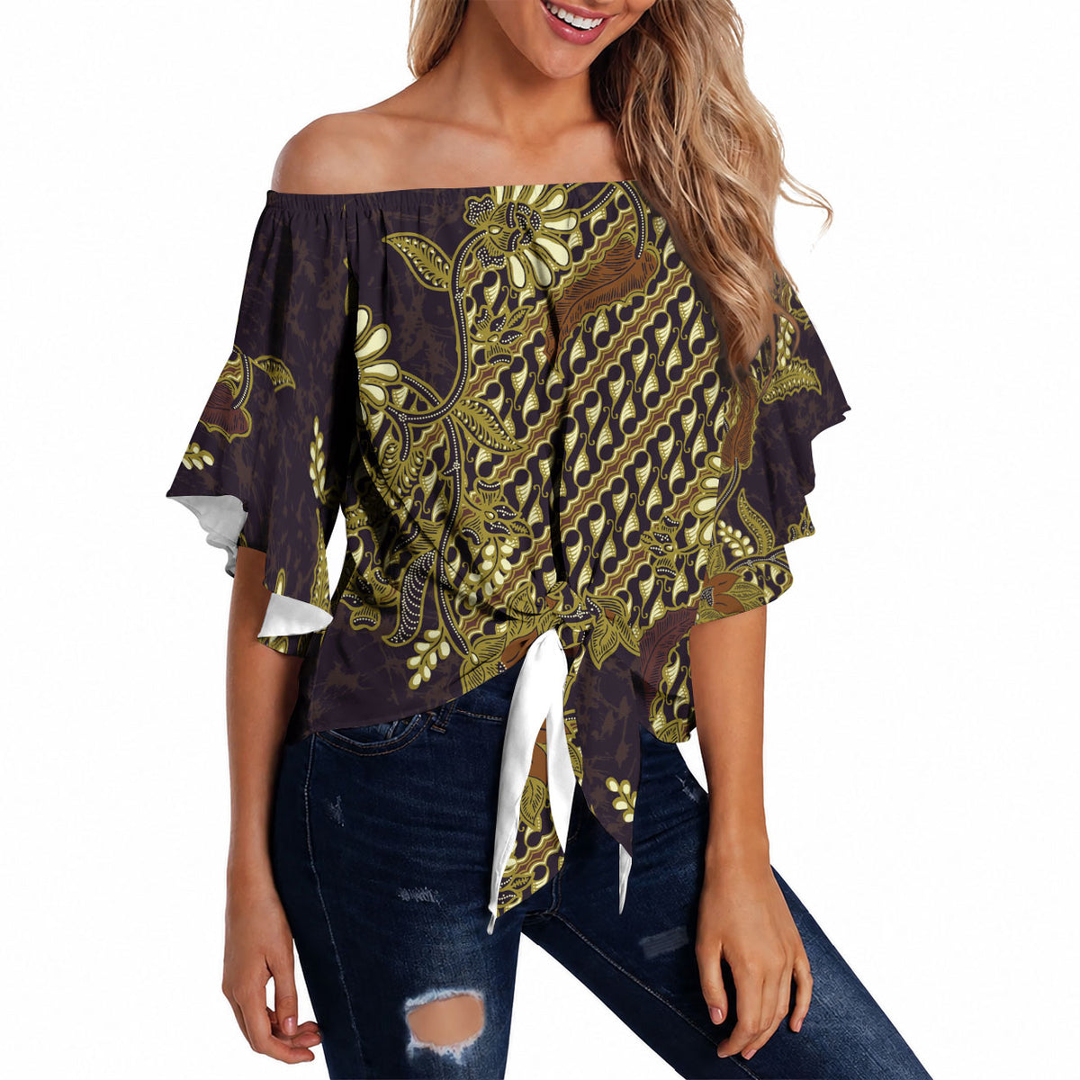 Indonesian Parang Batik Off Shoulder Wrap Waist Top Yellow Floral Pattern