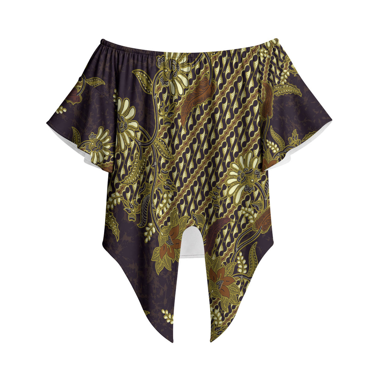 Indonesian Parang Batik Off Shoulder Wrap Waist Top Yellow Floral Pattern