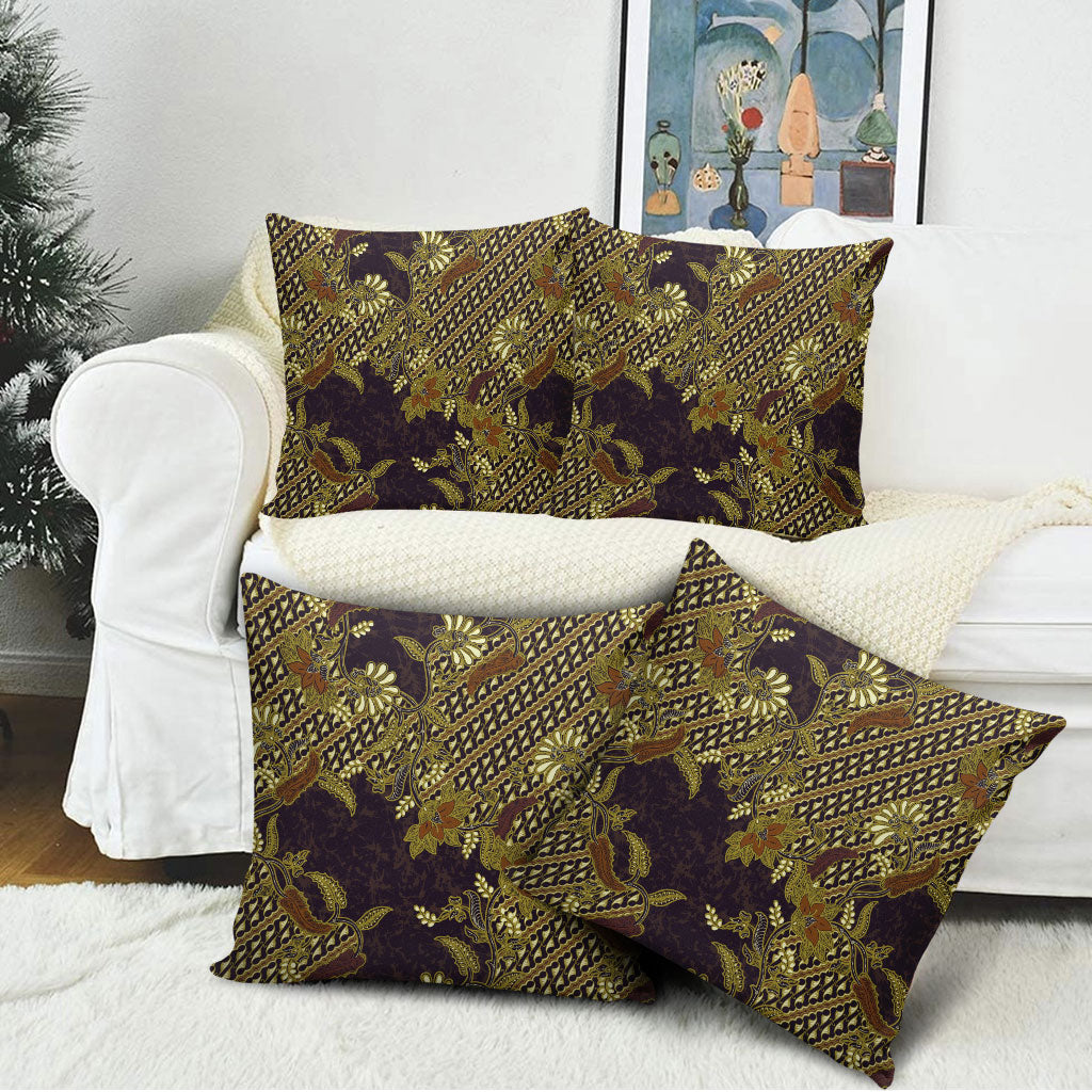 Indonesian Parang Batik Pillow Cover Yellow Floral Pattern
