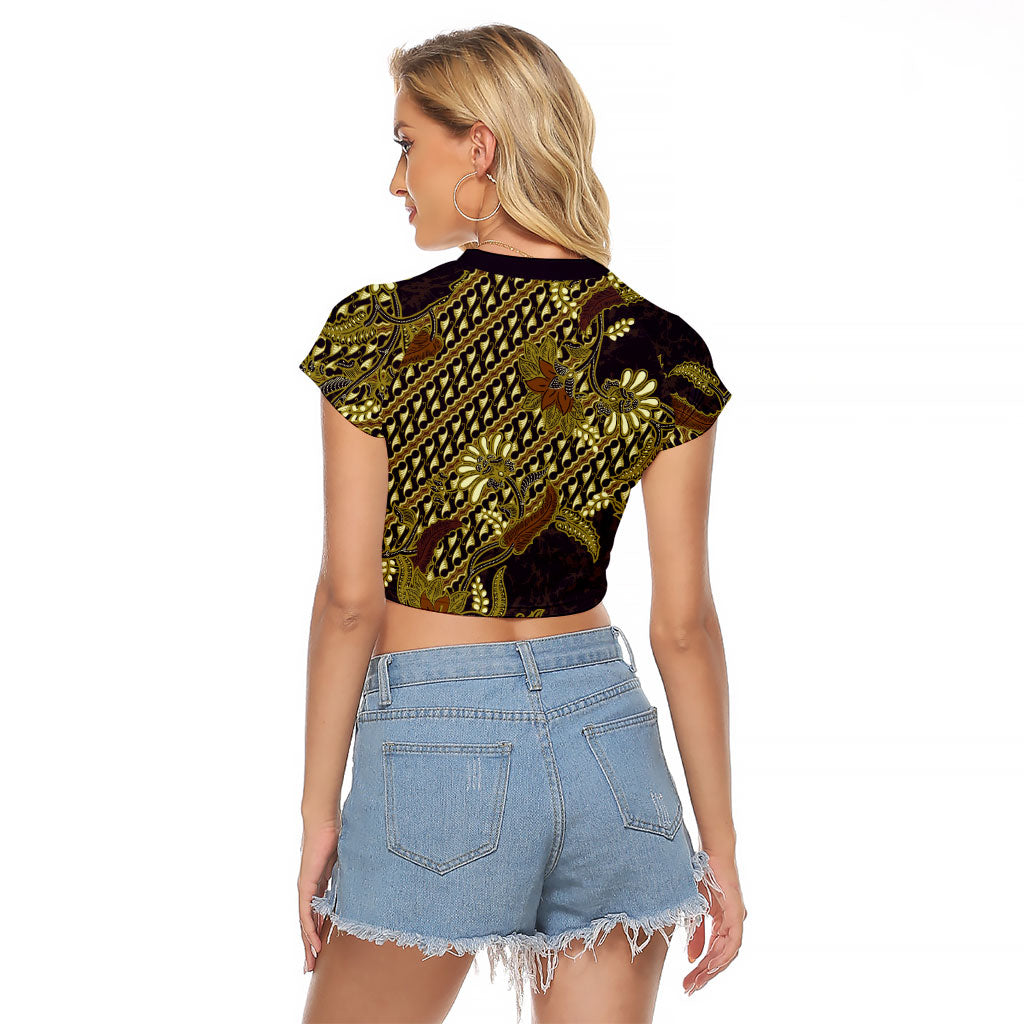 Indonesian Parang Batik Raglan Cropped T Shirt Yellow Floral Pattern
