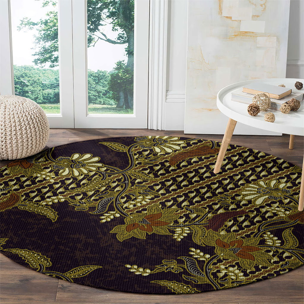 Indonesian Parang Batik Round Carpet Yellow Floral Pattern