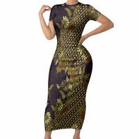 Indonesian Parang Batik Short Sleeve Bodycon Dress Yellow Floral Pattern