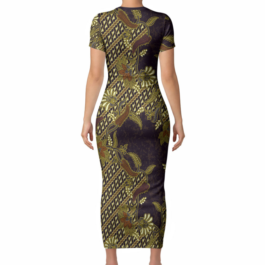 Indonesian Parang Batik Short Sleeve Bodycon Dress Yellow Floral Pattern