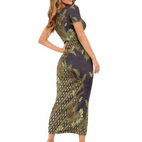 Indonesian Parang Batik Short Sleeve Bodycon Dress Yellow Floral Pattern