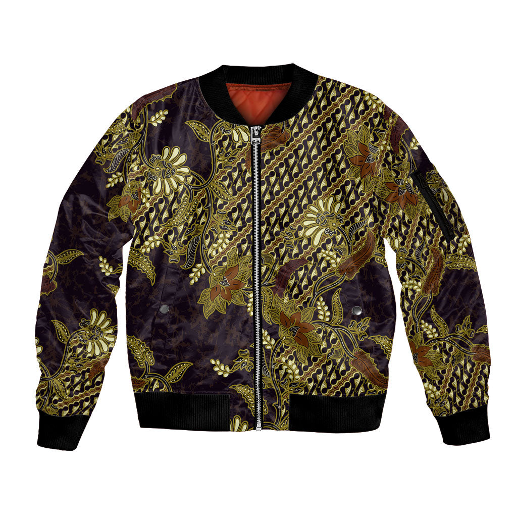 Indonesian Parang Batik Sleeve Zip Bomber Jacket Yellow Floral Pattern