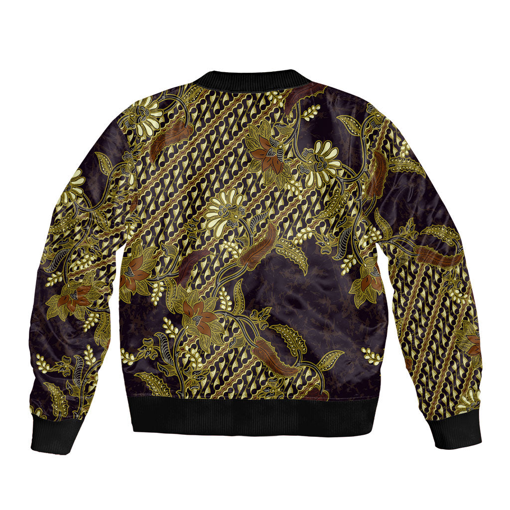 Indonesian Parang Batik Sleeve Zip Bomber Jacket Yellow Floral Pattern