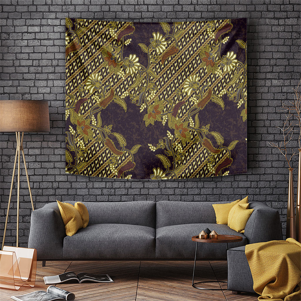 Indonesian Parang Batik Tapestry Yellow Floral Pattern