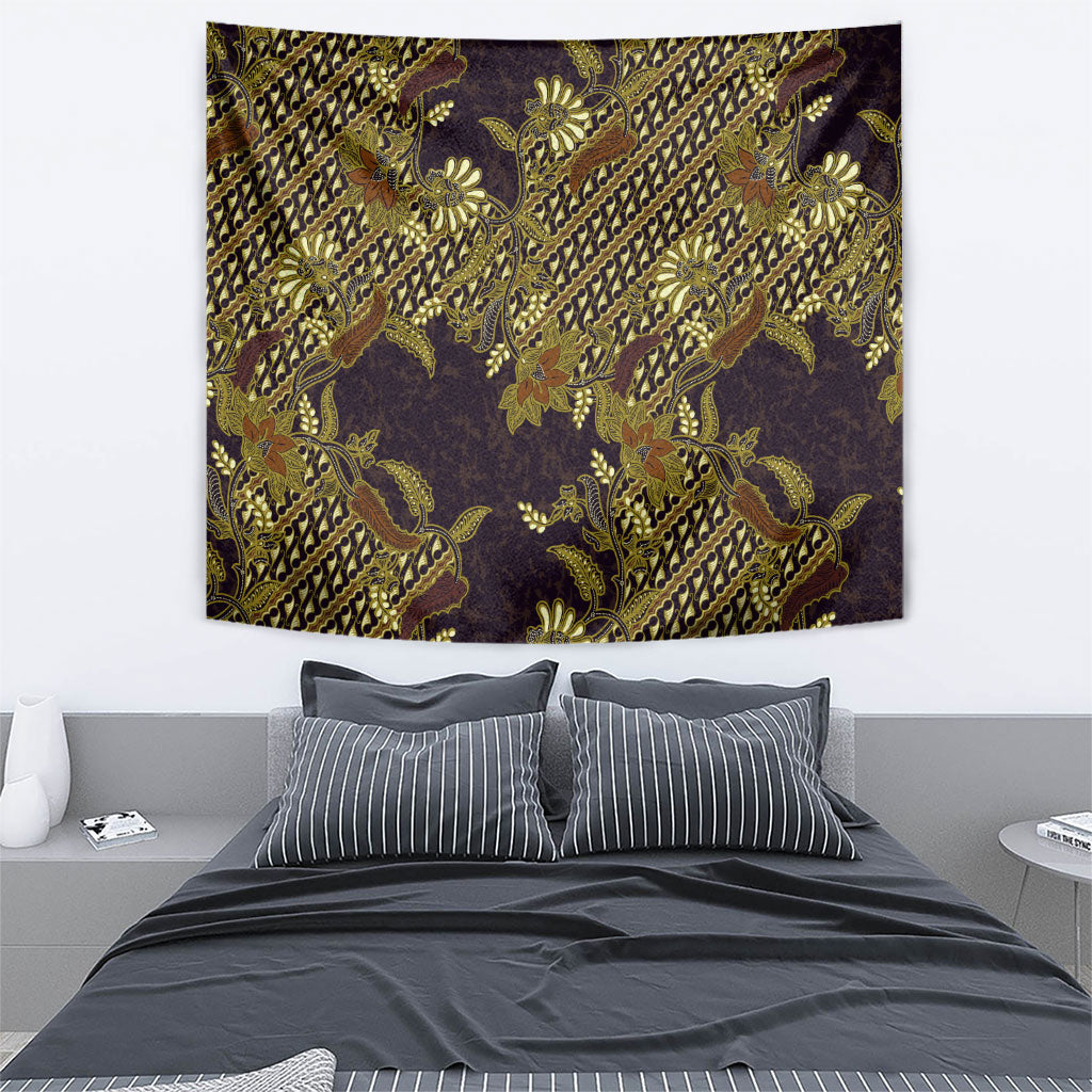 Indonesian Parang Batik Tapestry Yellow Floral Pattern