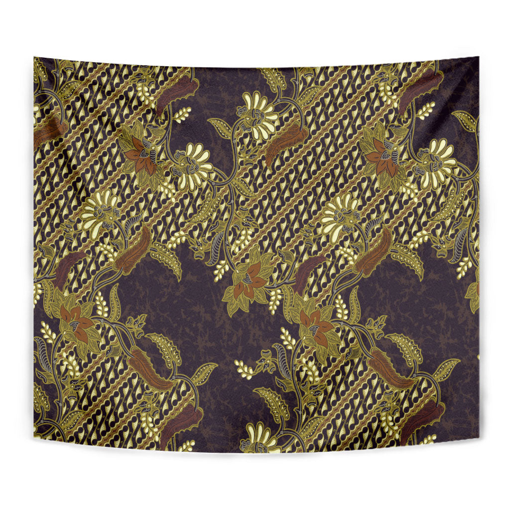 Indonesian Parang Batik Tapestry Yellow Floral Pattern
