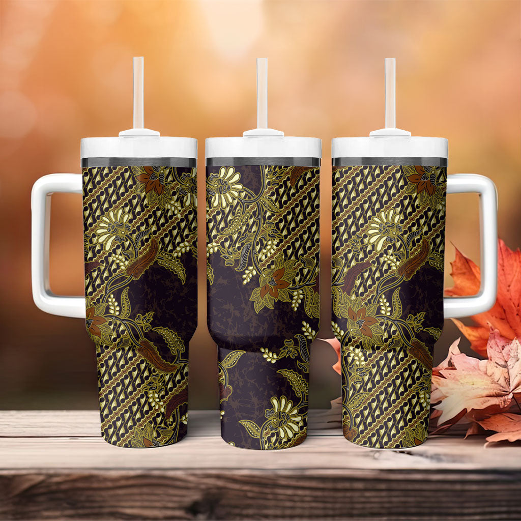 Indonesian Parang Batik Tumbler With Handle Yellow Floral Pattern