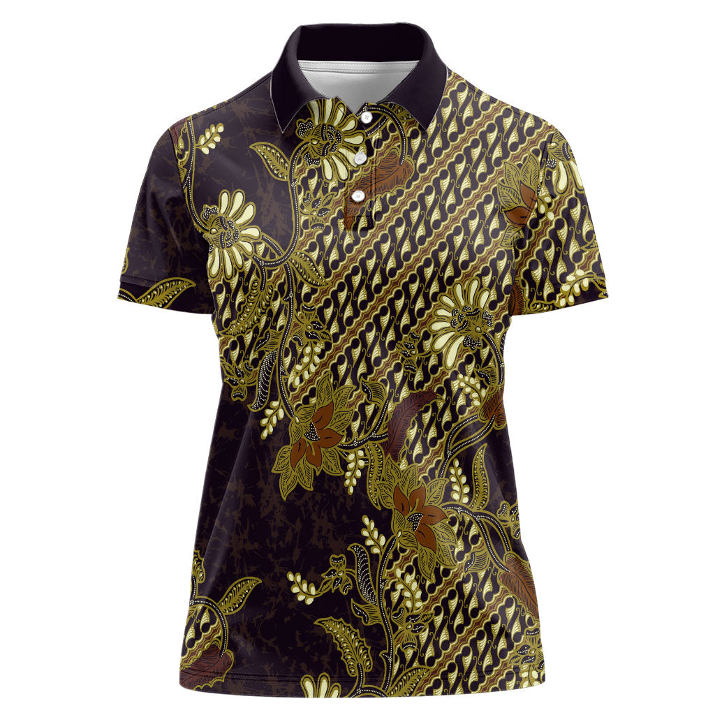 Indonesian Parang Batik Women Polo Shirt Yellow Floral Pattern