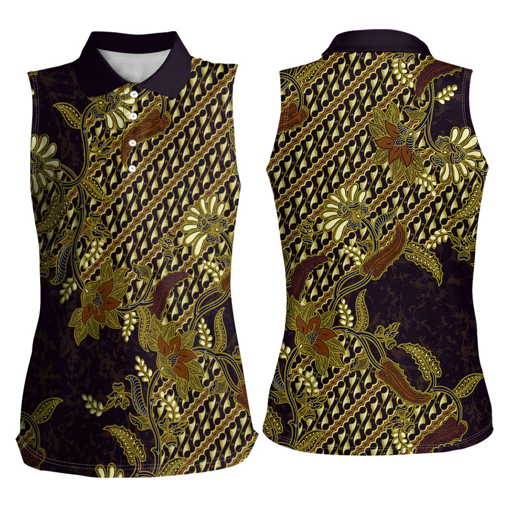 Indonesian Parang Batik Women Sleeveless Polo Shirt Yellow Floral Pattern