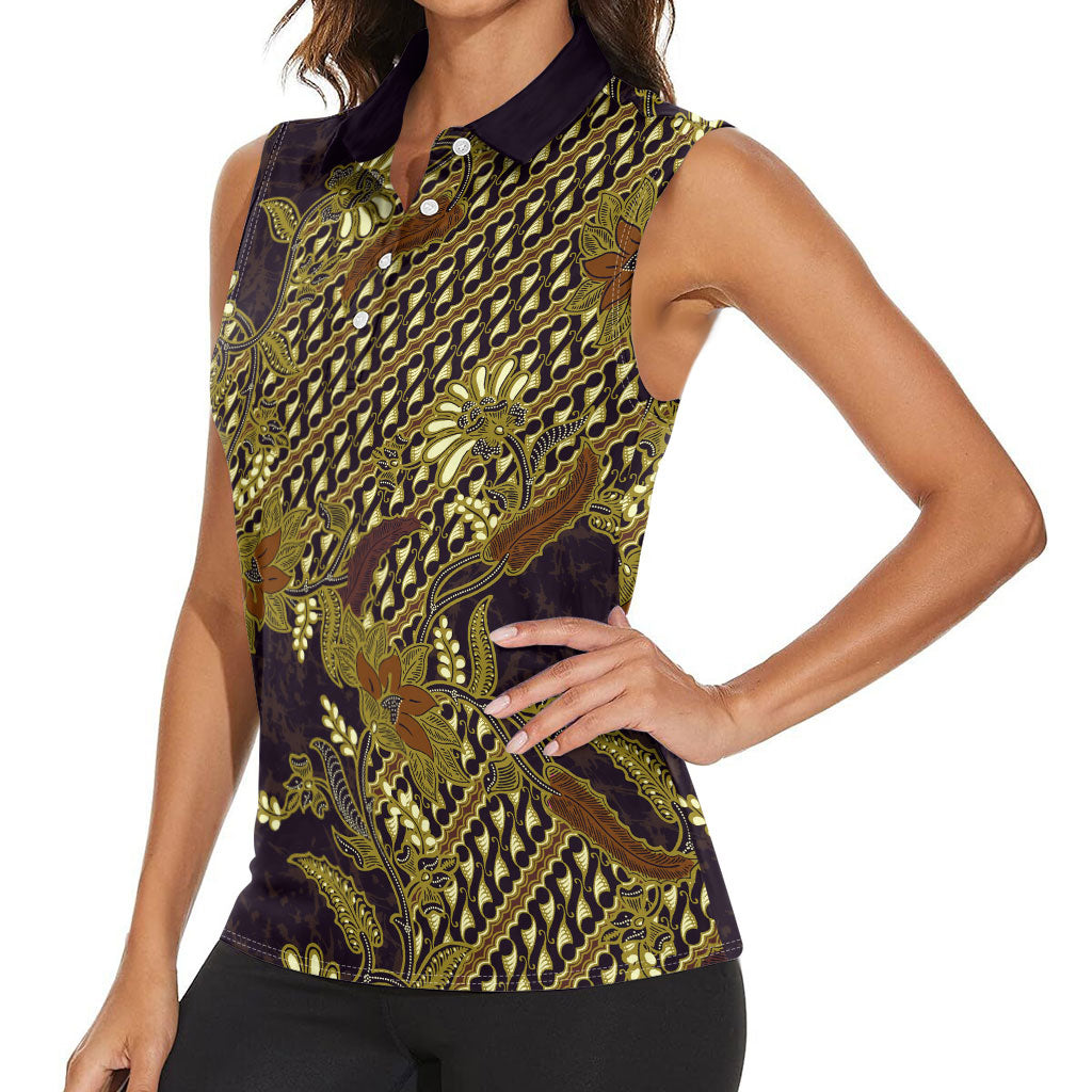Indonesian Parang Batik Women Sleeveless Polo Shirt Yellow Floral Pattern