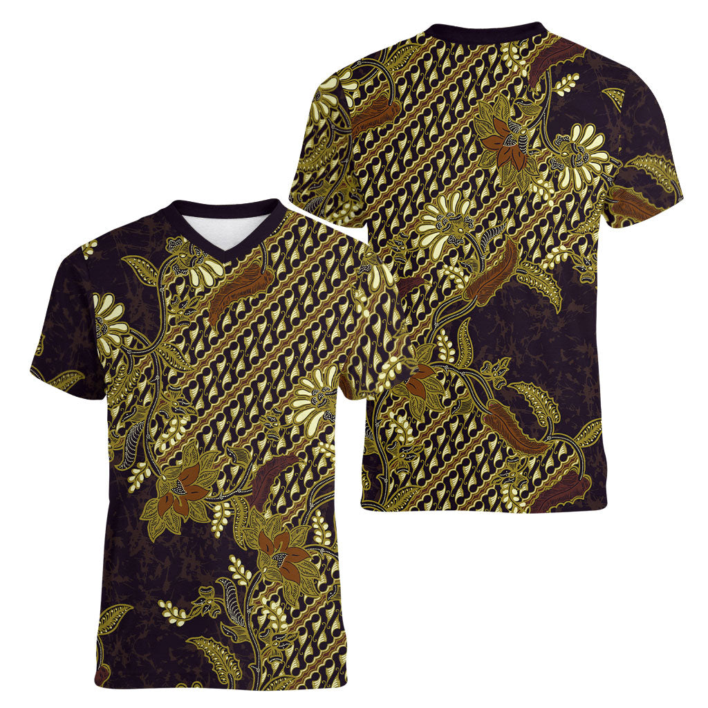 Indonesian Parang Batik Women V-Neck T-Shirt Yellow Floral Pattern