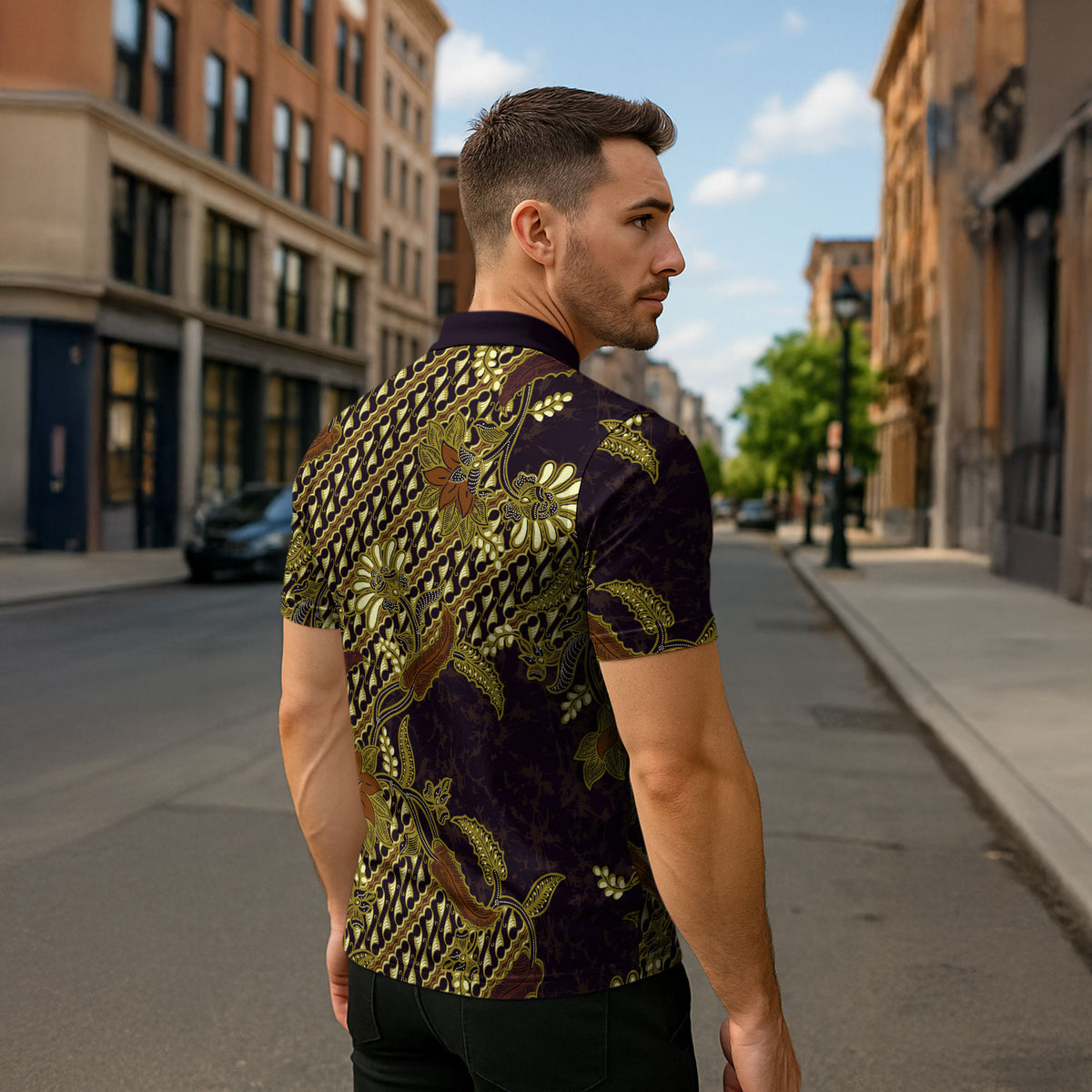Indonesian Parang Batik Zipper Polo Shirt Yellow Floral Pattern
