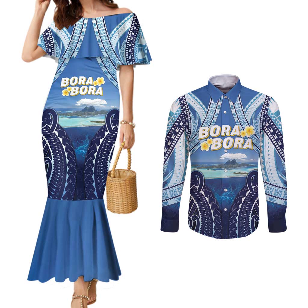 Personalised French Polynesia Bora Bora Couples Matching Mermaid Dress and Long Sleeve Button Shirt Beach Landscape Polynesian Style